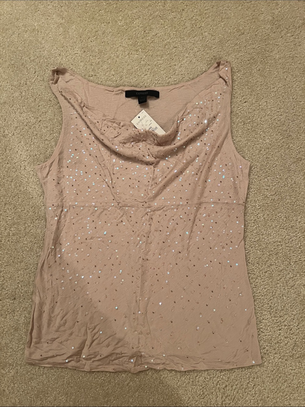 Express Blush Nude Sequin Cowl Neck Tank Top